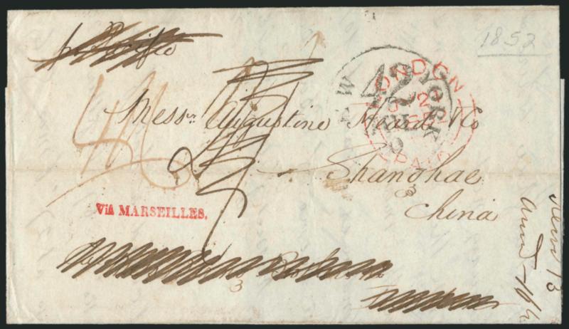 New York to Shanghai, China.> Jul. 9, 1852 (per docketing) folded cover from New York City to Augustine Heard & Co. in Shanghai, China, care of Baring Bros. in London, senders endorsement <<pr. Pacific>>
crossed out, New York 42 Jul. 10 debit da