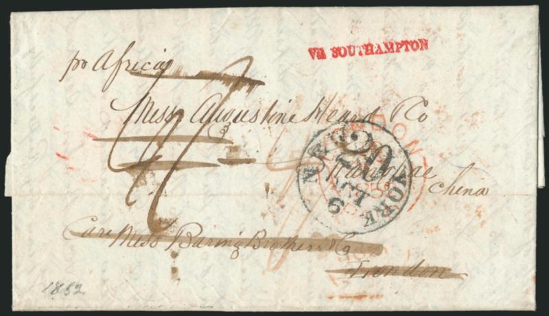 New York to Shanghai, China.> Oct. 5, 1852 folded letter from New York City to Augustine Heard & Co. in Shanghai, China, care of Baring Bros. in London, senders endorsement <<per Africa>>, New York 20 Oct. 6
debit datestamp, red London receiving