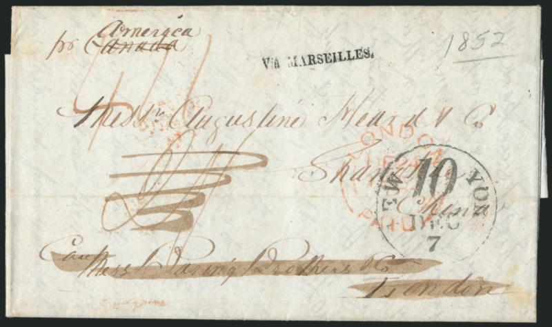 New York to Shanghai, China.> Dec. 6, 1852 folded letter from New York City to Augustine Heard & Co. in Shanghai, China, care of Baring Bros. in London, senders endorsement <<per Canada>> crossed out with
<<America>>, New York 10 Dec. 7 debit