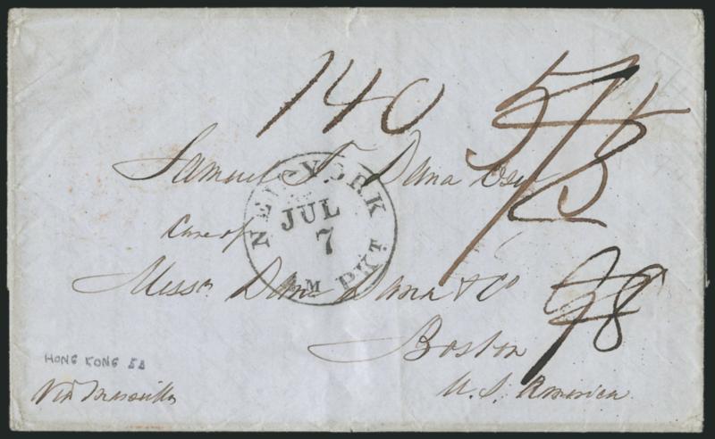 Hong Kong, China, to Boston.> Lightly struck Hong Kong circular datestamp on back of folded letter (one page missing) to Boston, red London transit datestamp (Jun. 20, 1853) New-York Am. Pkt. Jul. 7 datestamp,
ms. 53 and 98 rates crossed out