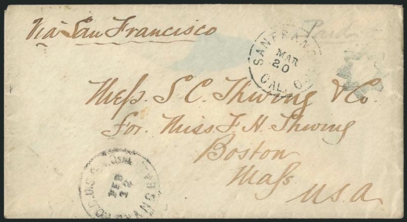 P.O.D. U.S. Con. Genl. Shanghai Feb. 12 (1870).> Circular datestamp on stampless cover with pencil Paid to Thwing & Co. in Boston, senders routing <<via San Francisco>>, San Francisco Cal. Mar. 20 duplex
datestamp and 8-point star cancel, oval