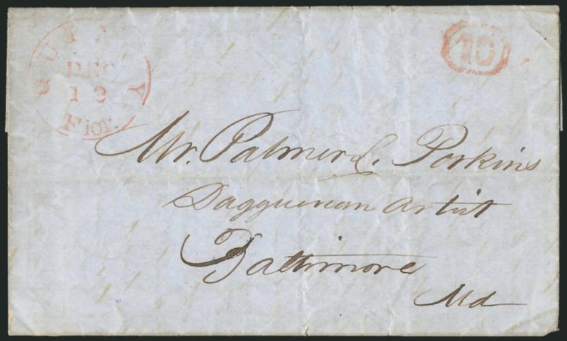 Quincy Florida, Dec. 13.> Red circular datestamp and matching 10 in octagon handstamp on ca. 1850 folded letter from photographer J. Wister Davis to <<Mr. Palmer Perkins Dagguerian Artist>> in Baltimore,
contents incl. <ad the misfortune to lo