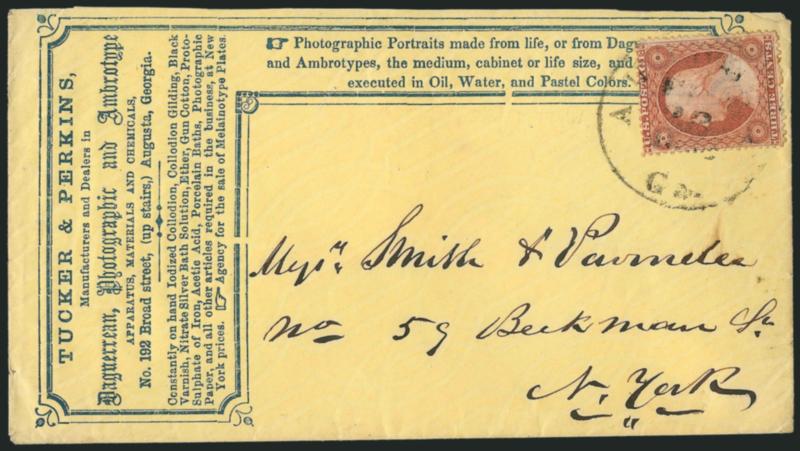 3c Rose, Ty. I (25).> Position 98R7, tied by partial Atlanta Ga. circular datestamp on blue and yellow cover from Tucker & Perkins, photographers and dealers in <Daguerrean, Photographic and Ambrotype
Apparatus, Materials and Chemicals,> to the Smi