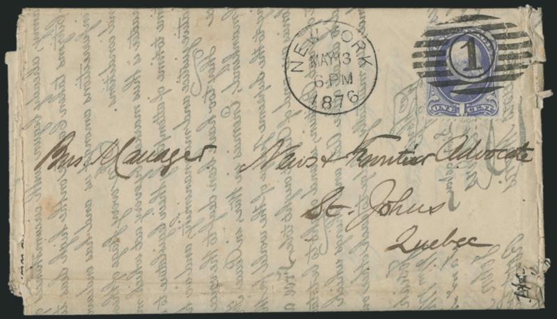 1c Ultramarine (156).> Tied by New York May 13 1876 duplex to 16 x 18 in. tissue paper <Declaration of Independence> reproduction, mailed as a circular to <St. John, Quebec,> Leggo Bros. & Co. Photo-Engravers
and Photo-Lithographers corner card a