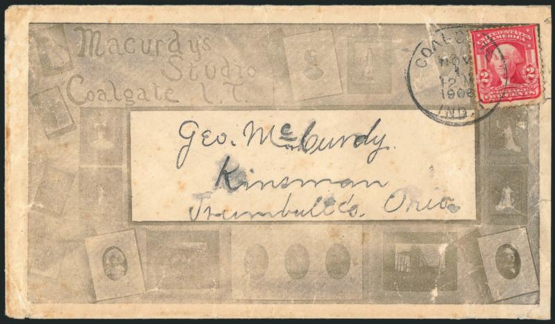 2c Carmine, Ty. I (319).> Tied by Coalgate Ind. T. Nov. 1, 1906 circular datestamp on cover to Kinsman O. with all-over illustration for <Macurdys Studio of Coalgate> with samples of his work surrounding the
address, reverse with illustrated adver