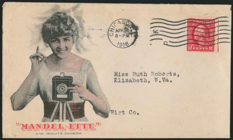 2c Carmine, Schermack Type III (409).> Tied by Chicago Ill. Apr. 26, 1916 wavy-line machine cancel on cover for the <Mandel-Ette One Minute Camera,> reverse with offices of the Chicago Ferrotype Co., Very
Fine, the Mandel camera was marketed for st