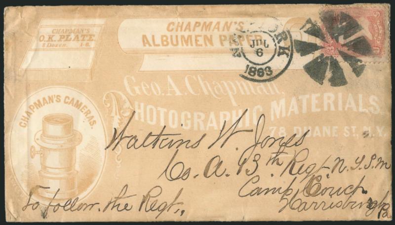 Photography and the Civil War.> Four covers and one letter, incl. No. 65 postmarked from occupied Little Rock Ark. Jan. 9, 1865 with corner card of Chicago photographer L.G. Brand, another from E. & H.T.
Anthony with advertisement for New Series Ste
