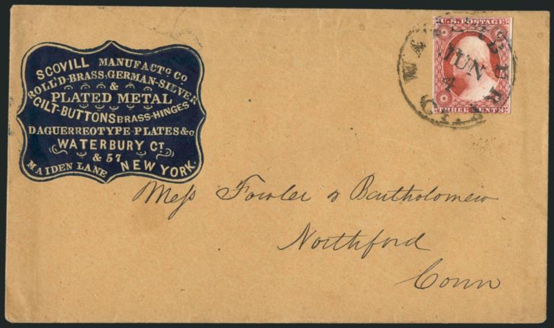 3c Orange Brown, Ty. II (10A).> Large margins to just in at bottom, tied by Waterbury Ct. Jun. 4 circular datestamp on cover with dark blue embossed cameo corner card of the Scovill Manufacturing Co. for
plated metal, buttons, brass hinges and <dag
