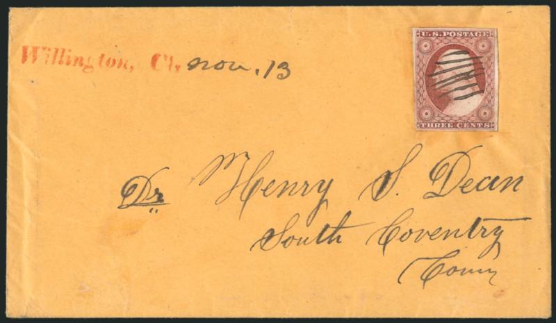 3c Dull Red, Ty. II (11A).> Large margins, cancelled by 7 small pen strokes, red straightline <Willington, Ct.> handstamp with ms. Nov. 13 date on 1852 orange cover from <itinerant daguerreian,> Albert M. Dean
to his brother, original letter incl