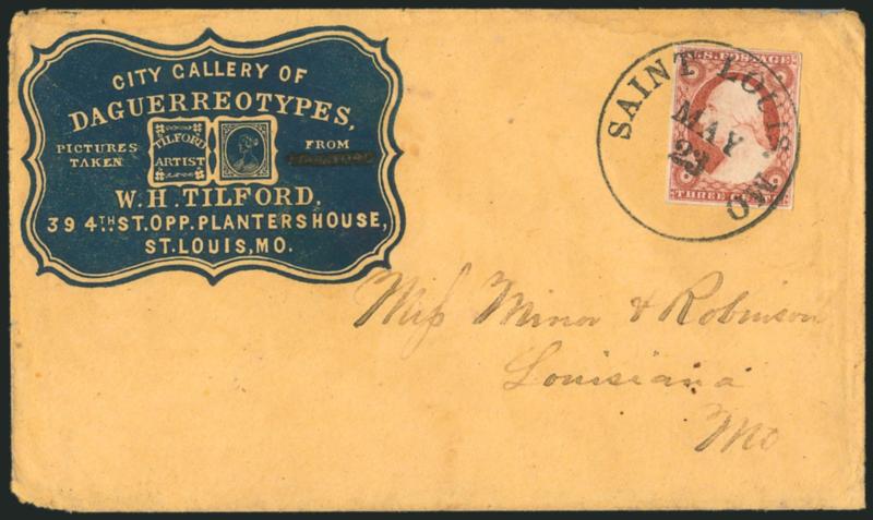 3c Dull Red, Ty. II (11A).> Large margins, tied by perfect strike of Saint Louis Mo. May 23 circular datestamp on 1856 cover with blue cameo corner card for <W.H. Tilfords City Gallery of Daguerreotypes> with
vignette of dag case and profile of wo
