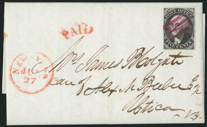 New York N.Y., 5c Black, ACM Initials (9X1).> Full to clear margins, cancelled by bold <magenta> pen strokes, red New-York Jul. 27 circular datestamp with matching Paid arc handstamp on 1846 folded cover to
Utica N.Y., original contents datelin