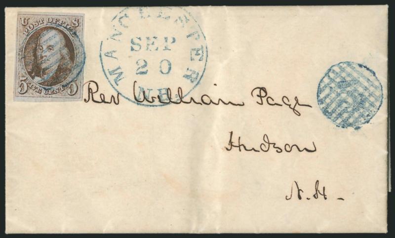 5c Red Brown (1).> Large margins to full, rich color, tied by <blue> grid, matching Manchester N.H. Sep. 20 circular datestamp on undated folded letter to Hudson N.H., also with matching 5 obliterated by
criss-cross grid, fresh and Very Fine, a s