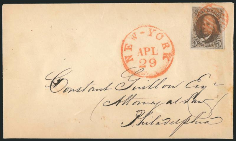 5c Red Brown (1).> Ample to large margins, deep rich color, tied by <red> grid with matching New-York Apl. 29 circular datestamp on cover to Philadelphia, Very Fine and choice