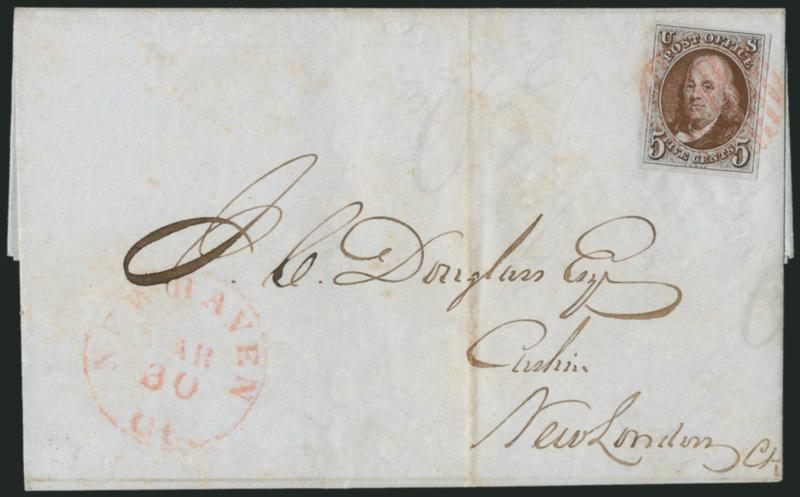 5c Red Brown (1).> Huge margins, tied by red grid, matching New Haven Ct. Mar. 30 circular datestamp on 1848 folded letter to New London Conn., light vertical file fold, Very Fine