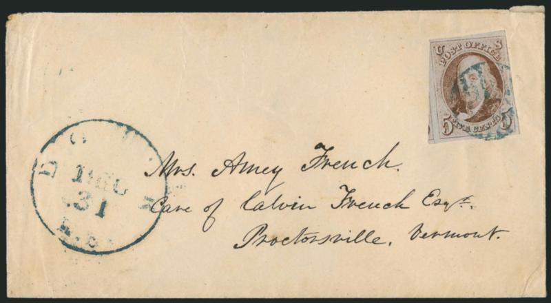 5c Red Brown (1).> Huge margins to just touched incl. part of adjoining stamp at left, tied by <blue> grid, matching Dover N.H. Dec. 31 circular datestamp on cover to Proctorsville Vt., minor edgewear, Very
Fine, ex Craveri
