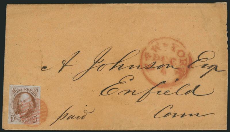 5c Red Brown (1).> Large margins to full, radiant color close to the Orange Brown shade, tied by red grid, matching New-York Dec. 1 circular datestamp on cover to Enfield Conn., with original 1849-dated
contents, some splitting along right edge, Ve