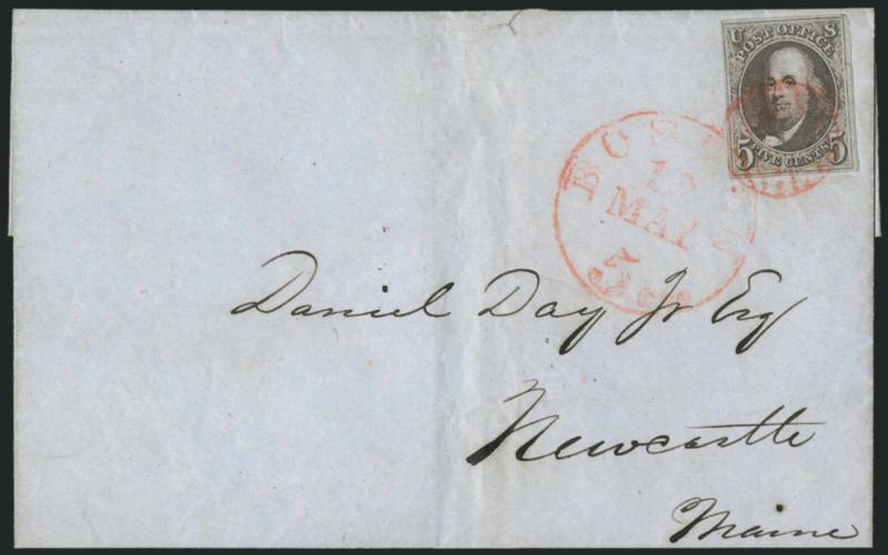 5c Dark Brown (1a).> Large margins to full, intense shade and impression, tied by red grid and matching Boston 5cts. 12 May integral-rate circular datestamp on blue folded cover to Newcastle Me., trivial
edgewear, Very Fine, with 1993 P.F. certific