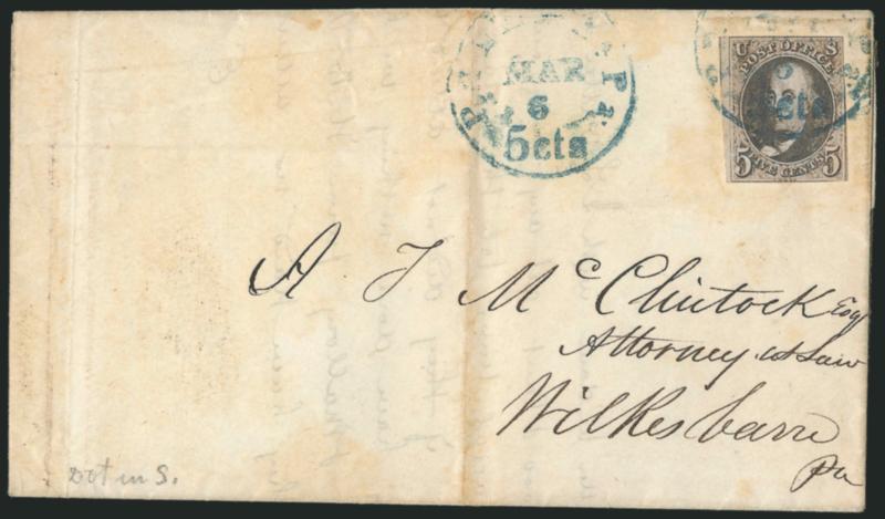 5c Blackish Brown, Dot in S (1a var).> Large margin at left, touching other sides, intense shade, tied by blue Philadelphia Pa. 5 cts. Mar. 6 integral-rate circular datestamp with second strike at left on 1848
folded letter to Wilkes Barre Pa., f