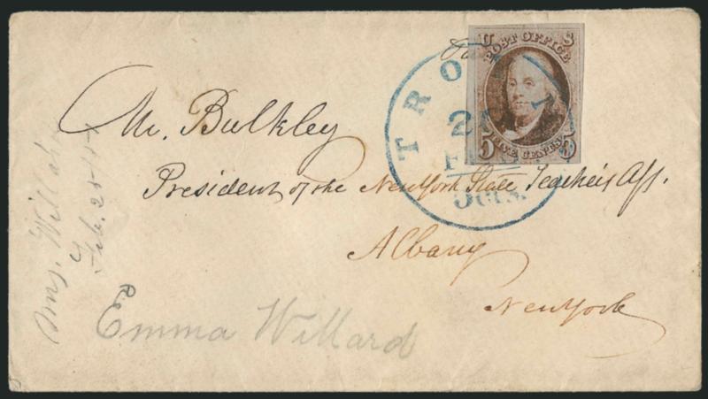 5c Red Brown (1).> Large margins to just in at bottom and incl. part of adjoining stamp at left, tied by well-struck <blue> Troy N.Y. 5cts. 20 Feb. integral-rate circular datestamp on cover to Albany N.Y.,
1851 docketing at left, Very Fine