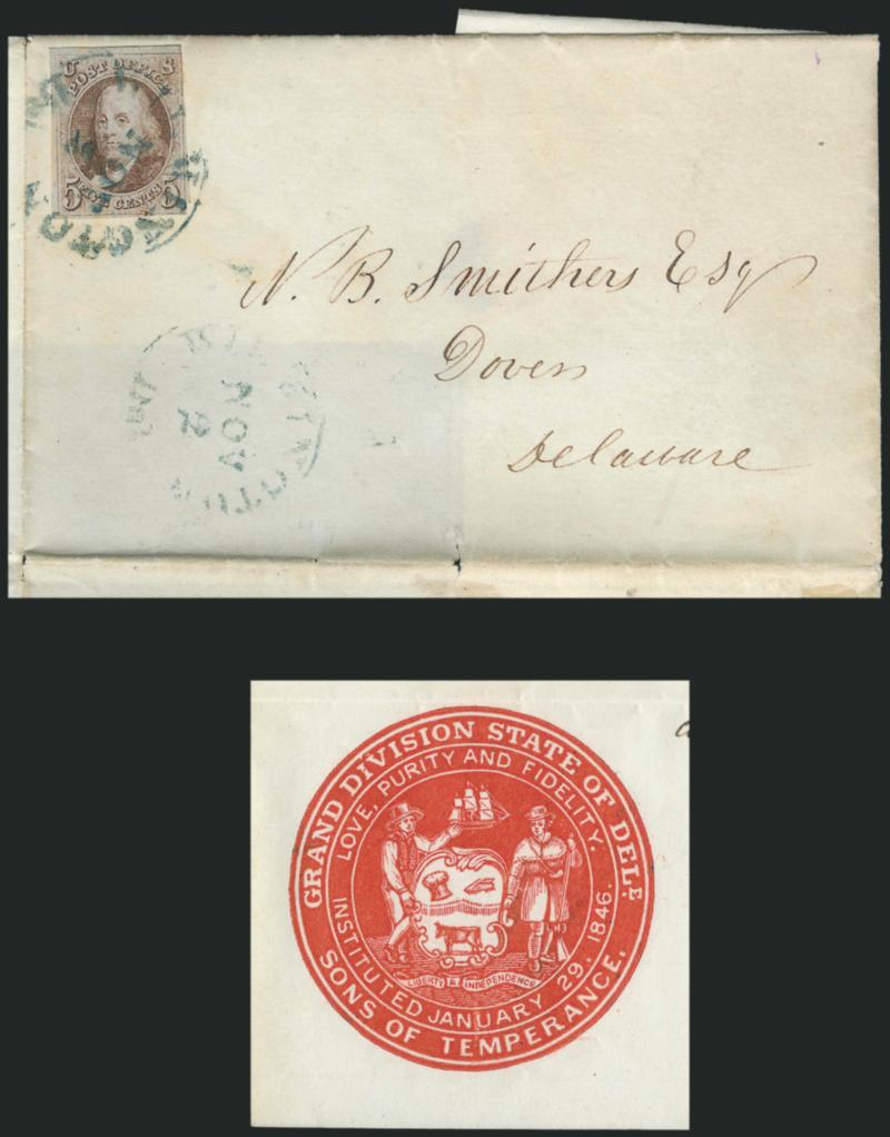 5c Red Brown (1).> Large margins to barely touched at upper right, tied by greenish blue Wilmington Del. Nov. 2 (1849) circular datestamp, second strike to right, on folded letter with <red illustrated seal of
Grand Division State of Del. Sons of