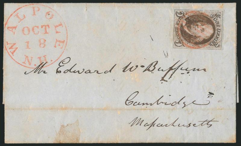 5c Red Brown (1).> Large margins to clear, cancelled by red grid, matching Walpole N.H. Oct. 18 circular datestamp on 1849 folded letter to Cambridge Mass., horizontal file fold well away from stamp, some age
spotting, still Very Fine, ex Craveri,