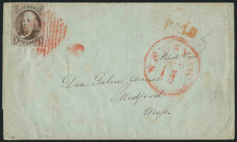 5c Brown (1).> Large margins to clear, tied by red square grid, matching but blurry strike of New-York Feb. 13 circular datestamp with ms. <<Paid 5>> on 1849 folded letter to Medford Mass., orange-red Paid
straightline handstamp above postmark,