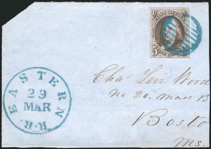 5c Red Brown (1).> Rich color, ample margins to clear at upper right, tied by <blue> circular grid with matching <Eastern R.R. 29 Mar. route agent> circular datestamp on large piece of blue cover front to
Boston, Very Fine and choice railroad usage