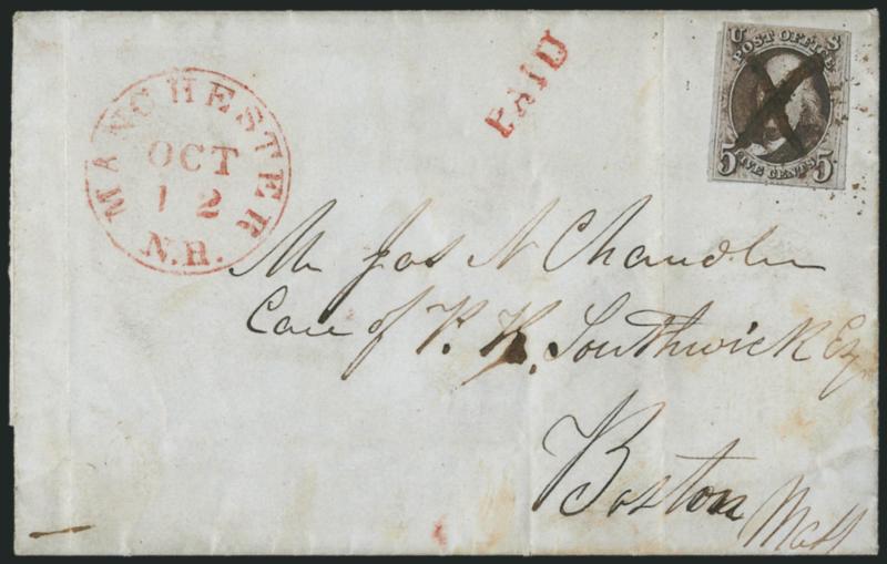 5c Blackish Brown (1a var).> Large margins to in, cancelled by bold ms. X, red Manchester N.H. Oct. 12 circular datestamp and matching Paid handstamp on 1847 folded letter to Boston, stamp with light
pre-printing paperfold at lower left, cover