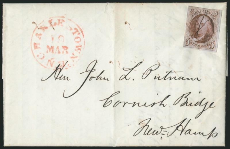 5c Red Brown (1).> Large margins to clear, cancelled by penstrokes, red Charlestown N.H. 19 Mar. circular datestamp on 1851 folded letter to Cornish Bridge N.H., light vertical file fold well away from stamp,
small cover edge tear at top, stamp and