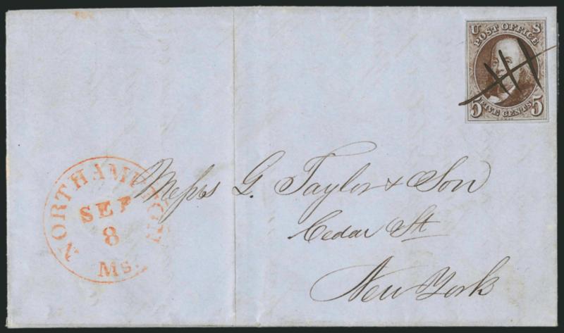 5c Red Brown, Dark Brown (1, 1a).> Two covers, first No. 1a, beautiful dark shade and proof-like early impression, margins clear to full, tied by neat crossed pen strokes, orange-red Northampton Ms. Sep. 8
circular datestamp on 1847 folded letter t