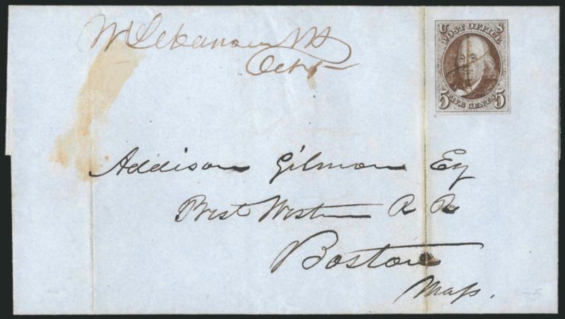 5c Red Brown (1).> Large margins to clear, rich color, cancelled by ms. X, matching Mt. Lebanon N.H. Oct. 5 manuscript postmark on 1848 folded cover to Boston, vertical file folds do not affect stamp, Fine, ex
Craveri, with 2003 P.F. certificate
