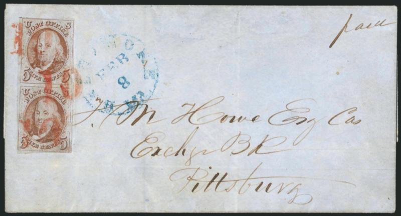 5c Red Brown, Double Transfer Ty. B (1-B).> Position 90100R, vertical pair, top stamp has double transfer, ample to large margins, tied by three strikes of <red 10 numeral> handstamp, blue Baltimore Md. Feb. 8
circular datestamp on blue folded c