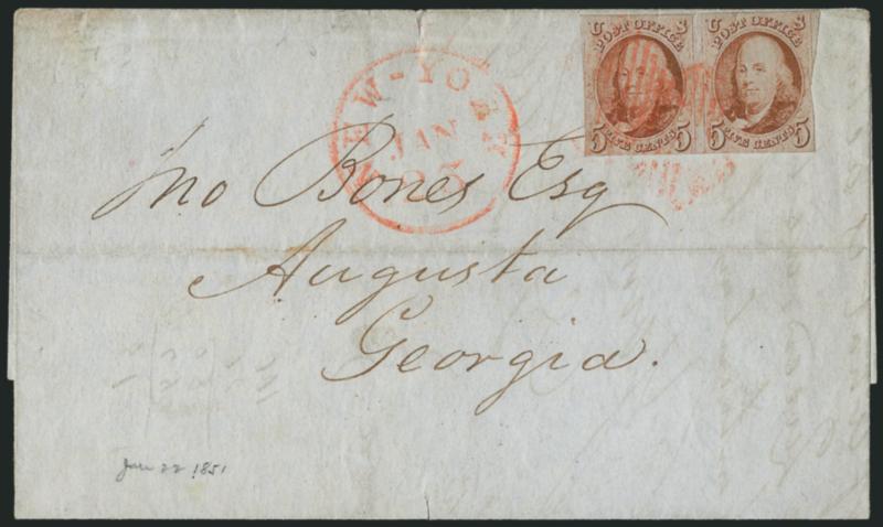 5c Brown Orange (1d).> Horizontal pair, margins to cut in, vivid shade, tied by red square grids, matching New-York Jan. 23 circular datestamp on 1851 folded letter to Augusta Ga., stamps with small faults,
Fine appearance and scarce pair on cover,