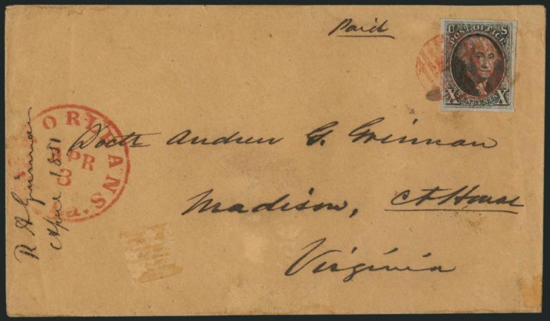 10c Black (2).> Huge margins all around, tied by red grid and light ms., matching New Orleans La. Apr. 3 circular datestamp on buff cover to Madison C.H. Va., ms. Paid, 1851 receipt docketing, stamp Extremely
Fine, with 1974 P.F. certificate