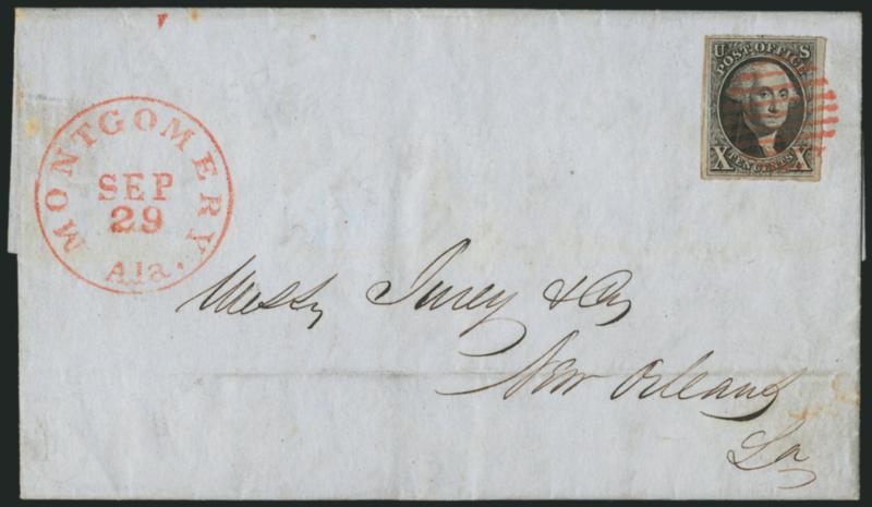 10c Black (2).> Full to large margins, tied by red rimless grid cancel with matching Montgomery Ala. Sep. 29 circular datestamp on 1849 folded letter to New Orleans, pre-printed with J.S. Winter & Co. Exchange
and Banking House letterhead, Very F