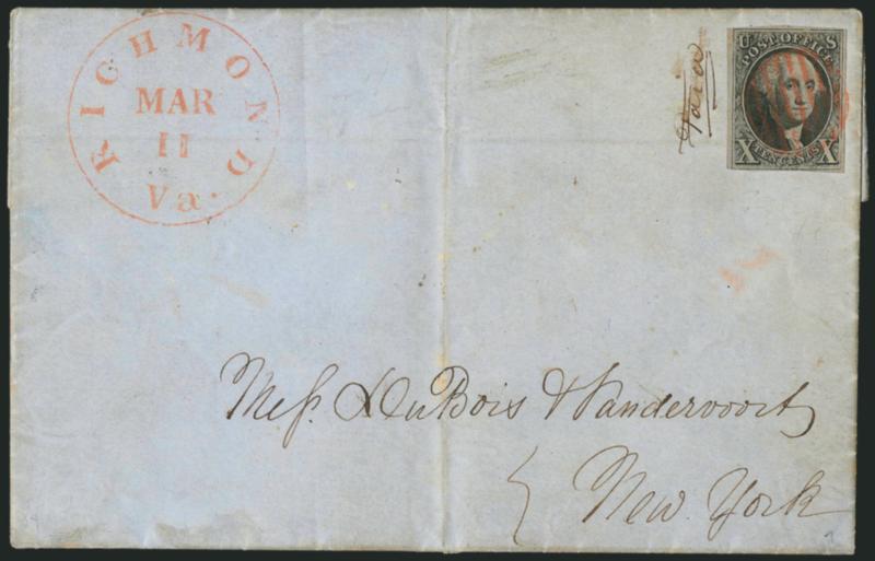 10c Black (2).> Full margins to touched at bottom, tied orange-red grid with matching Richmond Va. Mar. 11 circular datestamp on 1851 folded letter to New York, ms. Paid next to stamp and crossed out, vertical
file fold does not affect stamp, lig