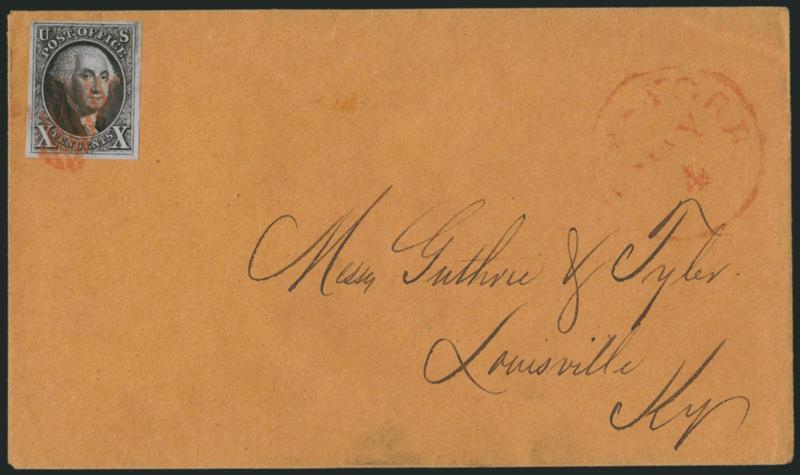 10c Black (2).> Position 86R1, huge margins to large, tied by red grid, matching New-York May 4 circular datestamp on orange cover to Louisville Ky., with silk good dealers embossed design on top flap, Very
Fine
