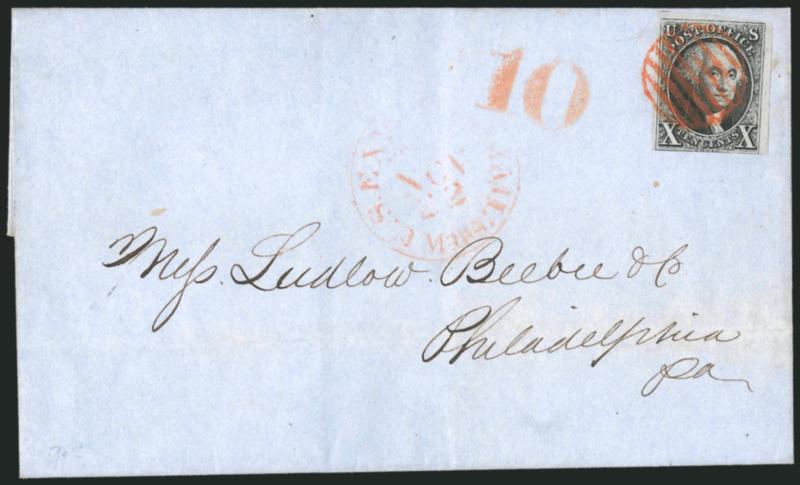 10c Black (2).> Three large margins, just in at bottom, tied by red grid, matching <U.S. Express Mail, Boston Mass., Nov. 22> route agents circular datestamp and 10 handstamp on blue folded cover to
Philadelphia, Very Fine, with 1984 P.F. certif