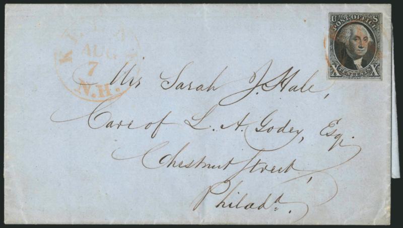 10c Black (2).> Large margins to clear, crisp impression, tied by light strike of <red 10 in circle> handstamp, matching Keene N.H. Aug. 7 circular datestamp on blue 1849 folded letter to Philadelphia, fresh
and Very Fine, this is the only repor