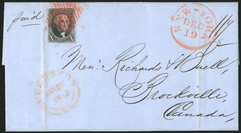 10c Black (2).> Full margins to barely in, tied by red square grid, matching New-York Dec. 19 circular datestamp on blue 1848 folded letter <to Brockville, Canada,> neat Queenston U.C. Dec. 2?, 1848 transit
datestamp, vertical file folds clear of