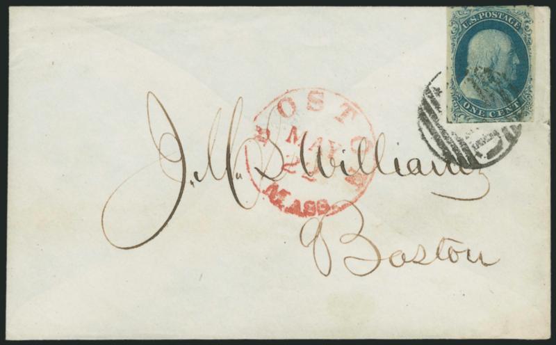 1c Blue, Ty. II (7).> Plate 2, large even margins, distinctive shade, tied by large Paid grid, red Boston Mass. May 22 circular datestamp on local cover, accompanying certificate notes stamp lifted and
replaced, still Extremely Fine, note on back