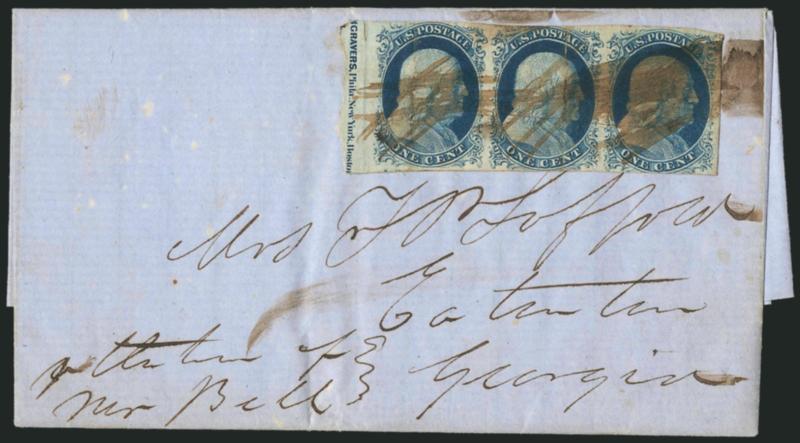 1c Blue, Ty. IV (9).> Positions 51-53L1L, horizontal strip of three, large margins to in incl. <part imprint at left,> tied by overzealous pen marking on blue folded letter to Georgia, stamps with pre-use
vertical creases in left margin and left two