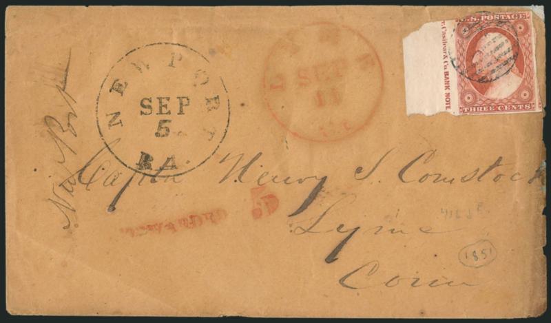 3c Orange Brown, Ty. II (10A).> Position 41L5E, huge margins to in incl. <part imprint at left,> tied by grid, Newport R.I. Sep. 5 circular datestamp on 1851 buff cover to Lyme Conn., red Lyme Ct. Sep. 11
circular datestamp and matching Forwarde