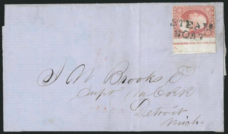 3c Dull Red, Ty. II (11A).> Position 50R3, large margins to just in incl. <part imprint and plate no. sheet margin at right,> tied by neat strike of <^STEAMBOAT^> two-line handstamp on blue folded cover to
Detroit Mich., tear in sheet margin at fa