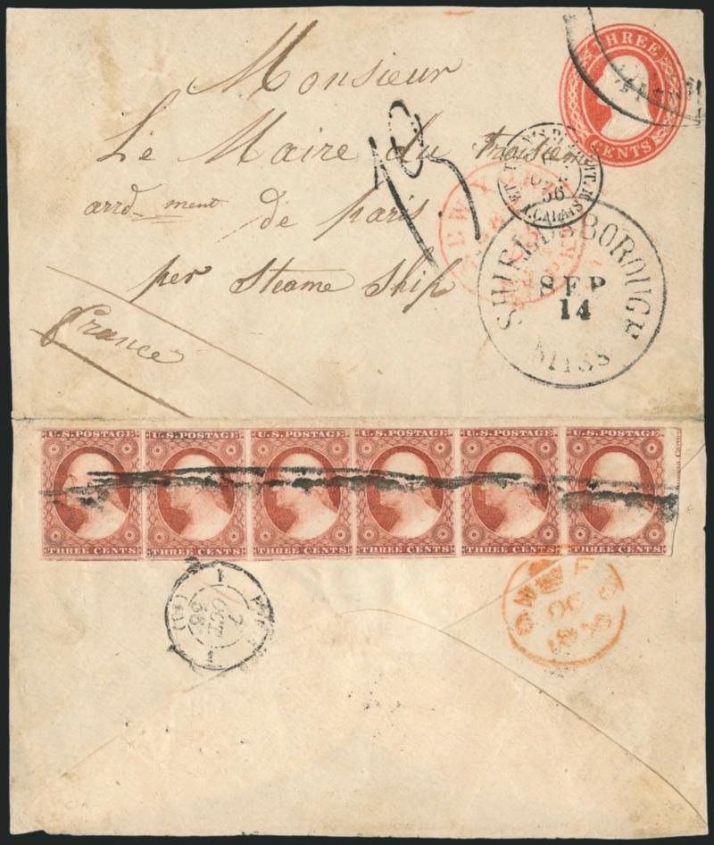 3c Dull Red, Ty. I (11).> Positions 65-70R4, horizontal strip of six, large margins to just in incl. <sheet margin with part imprint at right,> cancelled by ms. on back of <3c Red on White Nesbitt entire to
Paris, France,> neat Shieldsborough Mass.