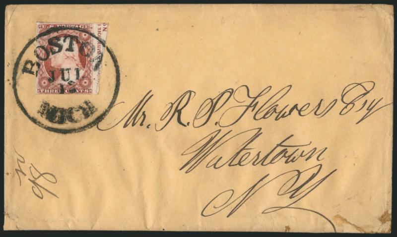 3c Dull Red, Ty. I (11).> Position 60R5L, large margins to clear incl. <part imprint and plate no. sheet margin at right,> tied by bold strike of Boston Jul. 13 circular datestamp on buff cover to Watertown
N.Y., some edgewear, Very Fine, scarce, t
