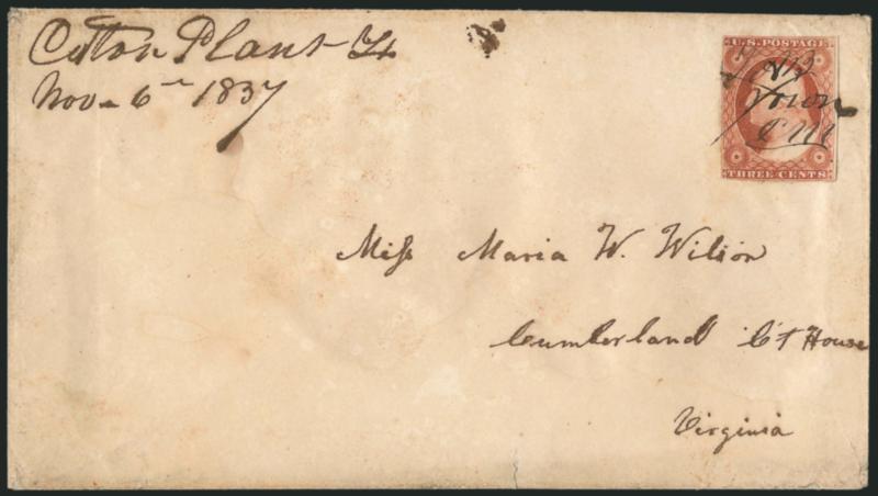 3c Brownish Carmine, Ty. II, Dull Red, Ty. III (11A, 26).> Two postmaster initialed covers, No. 11A tied by ms. <<TABtownPM>> (initials of Thomas A. Brown, the postmaster) with <<Cotton Plant Tx. Nov. 6th
1857>> manuscript postmark on cover to