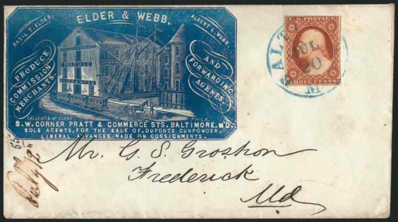 3c Brownish Carmine, Ty. I (11).> Plate 4, beautiful rich color reminiscent of the 1851 Orange Browns, ample margins to just touched at top right, tied by neat strike of blue Baltimore Md. Jul. 20 circular
datestamp on <Elder & Webb Commission Me