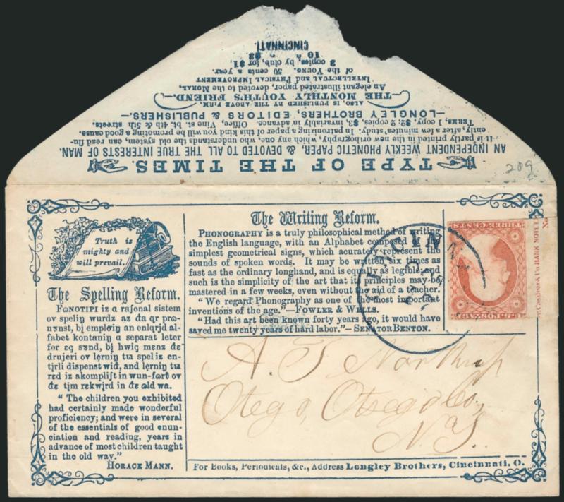 3c Dull Red, Ty. II (11A).> Position 41L1L, large margins to in incl. <part imprint and No. at left,> tied by blue Cincinnati O. Oct. 17 circular datestamp on <The Spelling Reform and The Writing Reform
advertising> cover to Otego N.Y., Fine,