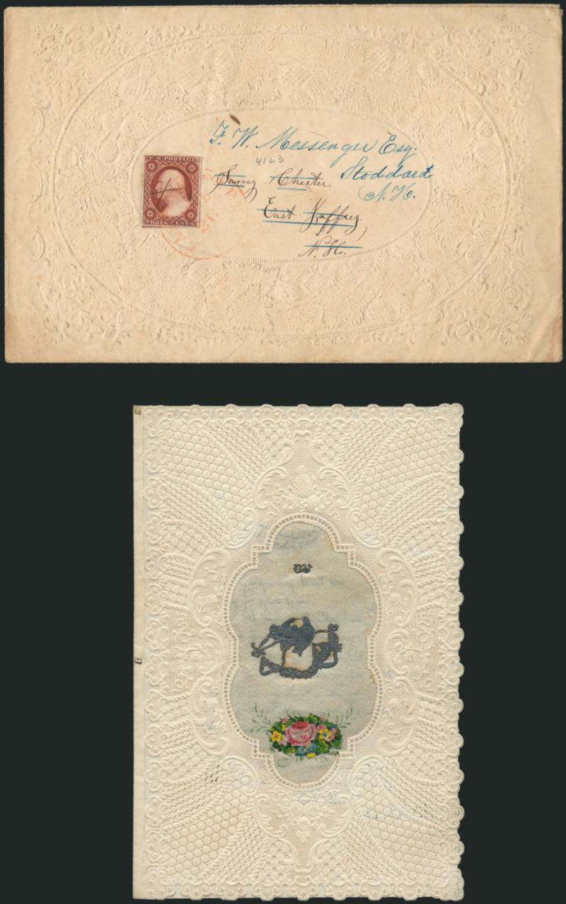 3c Dull Red, Ty. II (11A).> Large margins to just in, cancelled by ms. X and tied by red East Jaffrey N.H. Feb. 26 circular datestamp on <Valentine,> originally sent to East Jaffrey N.H. and forwarded to
Stoddard N.H., with original enclosure, tr